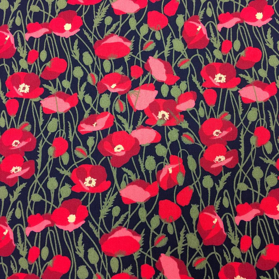 Navy Poppies Cotton Poplin